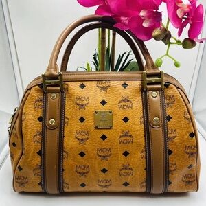 MCM Visetos Alma Cognac Boston Bag
